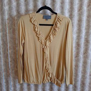 Mustard colored l/s wrap ruffle front blouse